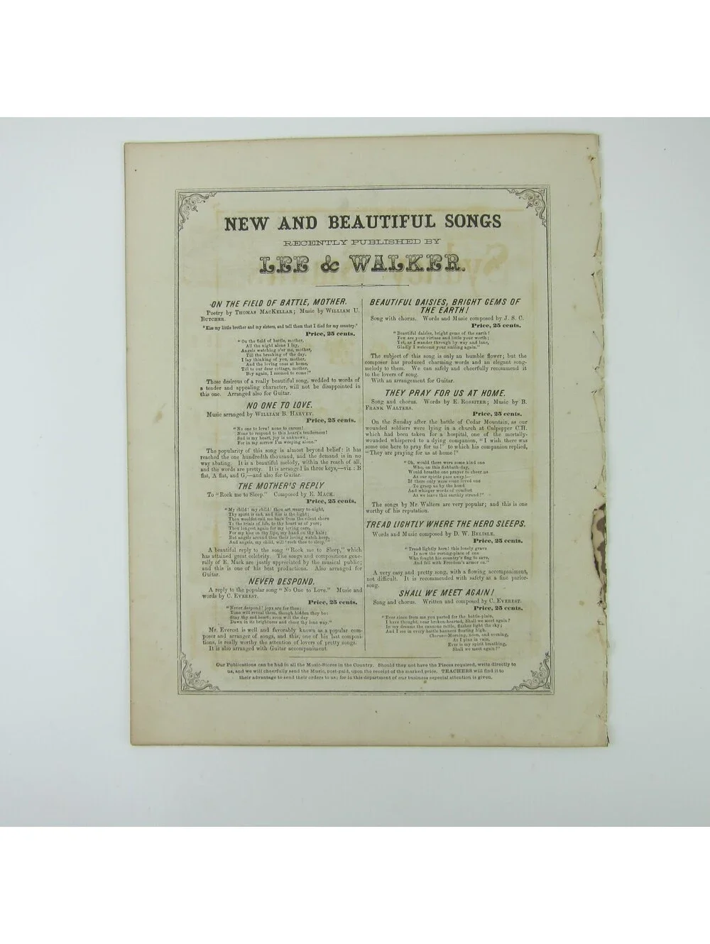 Sheet Music Civil War Tears of Love Charles Grobe Lee & Walker Antique 1863